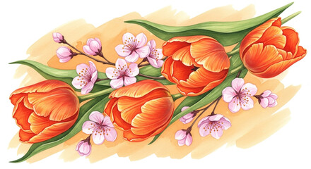 A vibrant illustration of orange tulips and delicate pink cherry blossoms arranged in a flowing bouquet.