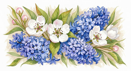 Watercolor painting of blue hyacinths and white apple blossoms with green leaves and pink buds, arranged in a beautiful floral composition.