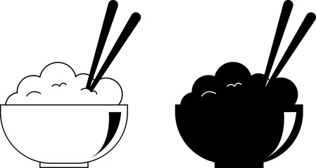 Simple line art and silhouette of rice bowl with chopsticks