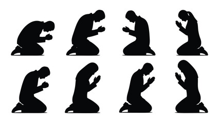 Kneeling prayer silhouettes isolated on white background, Vector