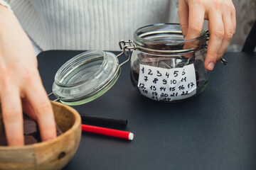 Handmade Christmas countdown advent tasty chocolate candy calendar. Festive holiday preparation craft master class of creative making decor. Hands-on activities sustainable responsible holiday gift