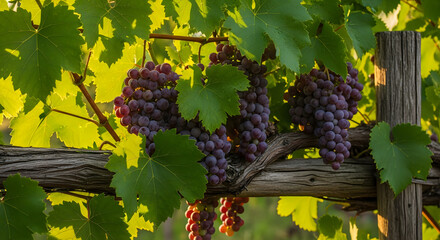 Ripe purple grapes hanging on a sunlit vineyard vine.