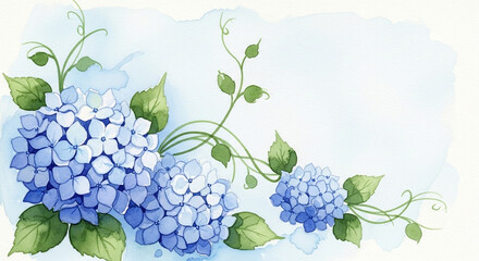 A watercolor painting of delicate blue hydrangeas with green leaves and tendrils against a soft blue background.