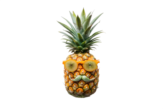 Pineapple with sunglasses and mustache isolated on transparent background