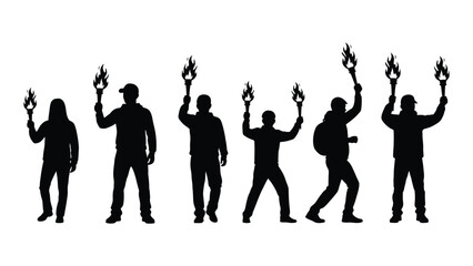 People holding torches silhouette isolated on white background, Vector