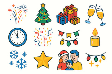 Festive Icon Set. Christmas & New Year Celebration Spirit modern flat icon set: fireworks, decorated tree, wrapped gifts, champagne glasses, clock striking midnight, confetti,