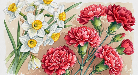 A watercolor painting of a bouquet of white daffodils and red carnations with green stems and leaves.