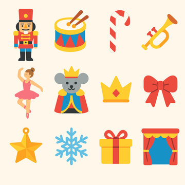Nutcracker Icons Set. Nutcracker Charm modern flat icon set: nutcracker soldier, drum, candy cane, toy trumpet, ballerina, mouse king, crown, ribbon bow, star ornament, snowflake,
