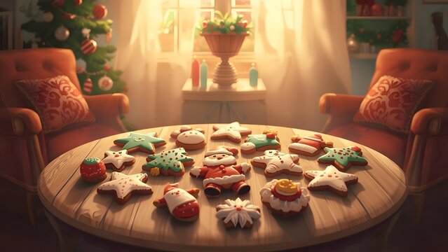 Festive holiday scene with homemade christmas cookies on a wooden table