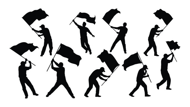Silhouettes of people waving flags isolated on white background, Vector