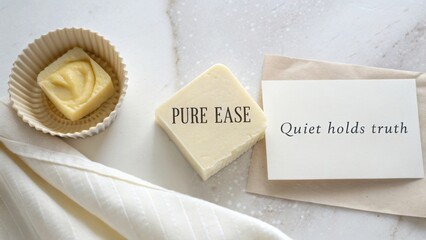 Serene still life composition featuring natural soap bar, handwritten note, and elegant textiles on marble surface