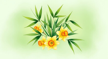 Watercolor illustration of daffodils and bamboo leaves on a light green background.