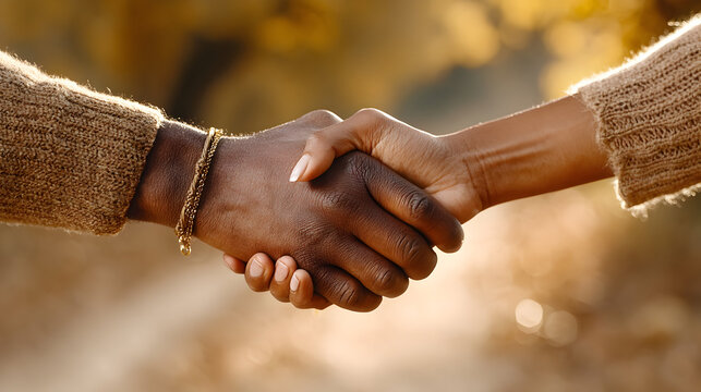 Partnership handshake signifies business deal success, diverse team collaboration and trust for future growth in a warm, inviting atmosphere