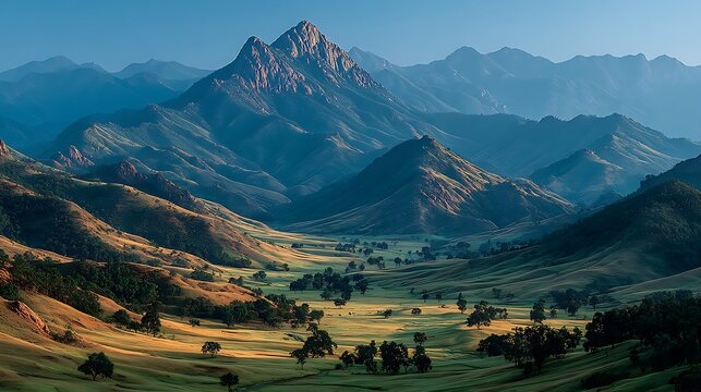 Majestic mountain valley with rolling green hills and trees at sunrise mountains - Powered by Adobe