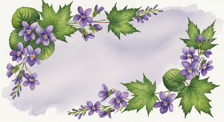 A delicate watercolor illustration of purple violets and green leaves forming a decorative border on a soft lavender background.