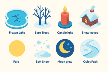Winter Icons Collection. Winter Seasonal Stillness modern flat icon set: frozen lake, bare trees, candlelight, snow-covered cabin, pale sun, soft snow, moon glow, quiet path.