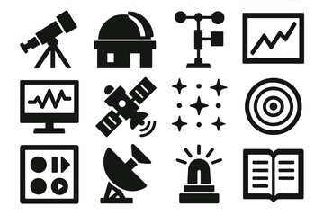 Bold Observatory Icons. Scientific Observatory bold vector icon set: telescope, dome roof, weather station, graph, data monitor, satellite, star grid, planetary chart, control