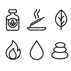 Wellness Icons Display. Wellness Scents outline icon set: aroma bottle, incense stick, leaf, flame, water droplet, pebble.