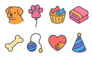 Furry Friends Icons. Furry Friends Celebration modern flat icon set: cuddly pets, paw-shaped balloon, pet treats, cozy blanket, dog bone, cat toy, friendship heart, festive hat.