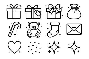 Festive Icons Collection. Gift Run outline icon set: wrapped presents, ribbon, tag, bow, toy bag, candy cane, stuffed bear, stocking, letter, heart, snow dust, sparkle.