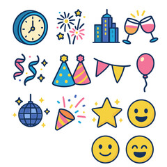 New Year Festivity Icons. Midnight Countdown Wishes modern flat icon set: clock, fireworks, city skyline, glass clink, streamers, party hats, banner flag, balloon, disco ball,