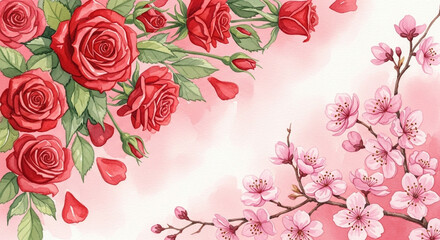 Watercolor illustration of vibrant red roses and delicate pink cherry blossoms on a soft gradient background.
