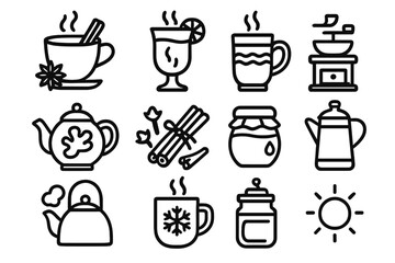 Spiced Drinks Icons. Spiced Global Drinks outline icon set: masala chai cup, mulled wine glass, atole mug, ginger tea pot, cloves and cinnamon bundle, citrus slice, honey jar,
