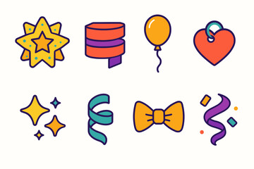 Festive Wrap Icons. Celebration Wrap Designs modern flat icon set: glitter bow, layered ribbon band, balloon string, heart tag, sparkle effect, ribbon curl, elegant bowtie,