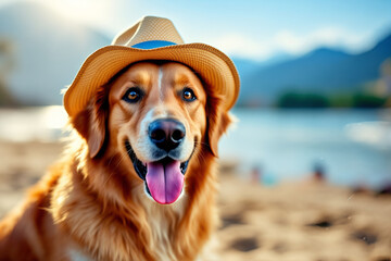 Golden Retriever Dog Wearing Cowboy Hat at Beach: Summer Fun, Cute Pet Photography, Vacation Vibes, Happy Animal Portrait