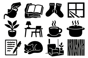 Brutalist Minimal Cozy Icons. Slow Living bold vector icon set: hand pouring tea, book and blanket, cozy socks, morning sunlight, indoor plant, minimal desk, warm cup, steaming pot