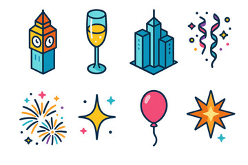 New Year Icons. New Year in the City modern flat icon set: clock tower, champagne glass, skyline, confetti, fireworks, sparkle, balloon, starburst.
