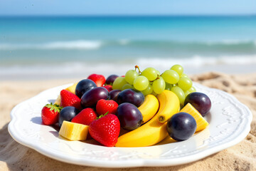 Beach Picnic: Fresh Fruit Plate on Sand - Strawberries, Grapes, Bananas & Plums - Healthy Summer Snack by the Ocean