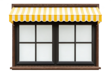 Window with yellow and white striped awning isolated on transparent background
