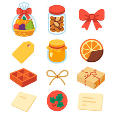 Festive Fruit Gift Icons. Holiday Fruit Gifts modern flat icon set: wrapped fruit basket, glass jar of nuts, tied ribbon, tag label, honey jar, dried fruit wheel, chocolate-dipped