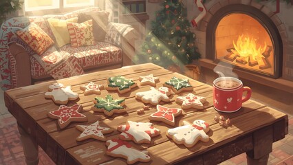 Warm Christmas Eve: Homemade Cookies, Cozy Fireplace, and Festive Decorations