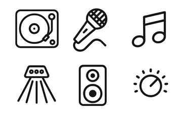 Party Icon Set. Party Sound Equipment outline icon set: turntable, microphone, music note, speaker, light beam, knob.
