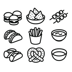 Casual Snack Icons. Casual Bites outline icon set: sliders, nachos, skewers, dipping sauce, mini tacos, fries cup, pretzel twist, dipping bowl.