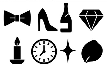 Elegant Night Icons. Elegant Night Out bold vector icon set: bow tie, high heel, champagne bottle, diamond, candle, clock, sparkle, rose petal.