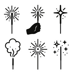 Sparkler Icon Celebration. Party Sparkler Moments outline icon set: lit stick, hand silhouette, star glow, light burst, smoke, sparkle dust.