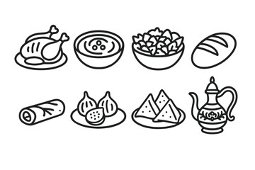Middle Eastern Cuisine Icons. Middle Eastern Festive Meals outline icon set: grilled chicken, hummus spread, fattoush salad, bread loaf, dolma roll, fig plate, samosa pastry,