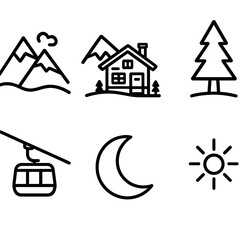 Winter Mountain Icons. Scenic Escapes outline icon set: mountain view, chalet, pine tree, frozen lake, ski lift, moon, glow, star.