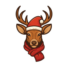 Elegant reindeer wearing a Santa hat and red scarf, symbolizing warmth and festive Christmas spirit in a modern cartoon style