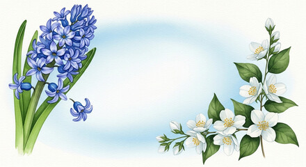 Floral arrangement with blue hyacinth and white jasmine flowers on a light blue background.