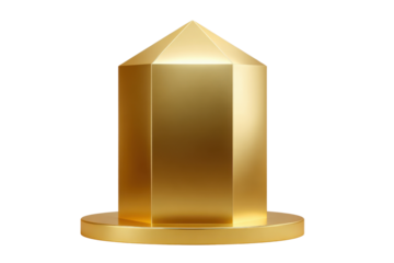 Golden hexagonal prism trophy on circular base against black background award prize
