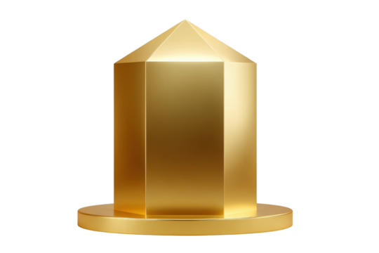 Golden hexagonal prism trophy on circular base against black background award prize