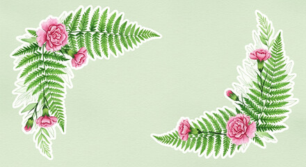 Watercolor illustration of fern leaves and pink roses arranged in decorative corner designs.