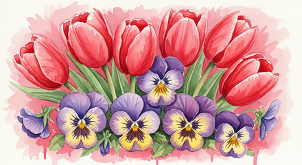 Watercolor painting of tulips and pansies in a floral arrangement.