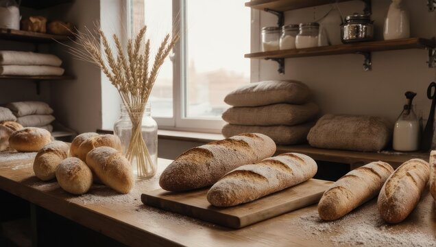 Freshly baked loaves on a wooden counter in a bakery