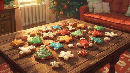 A Festive Display of Christmas Cookies on a Wooden Table Near a Christmas Tree