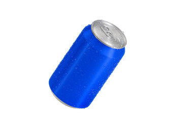 Blue Aluminum soda can with water drops, transparent background